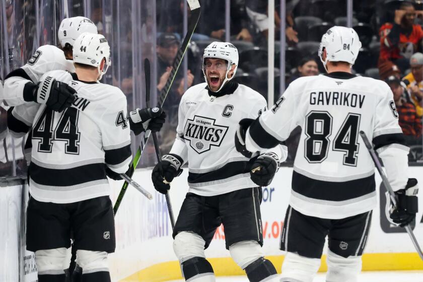 ANAHEIM, CA - OCTOBER 20: Adrian Kempe #9 of the Los Angeles Kings celebrates his goal.