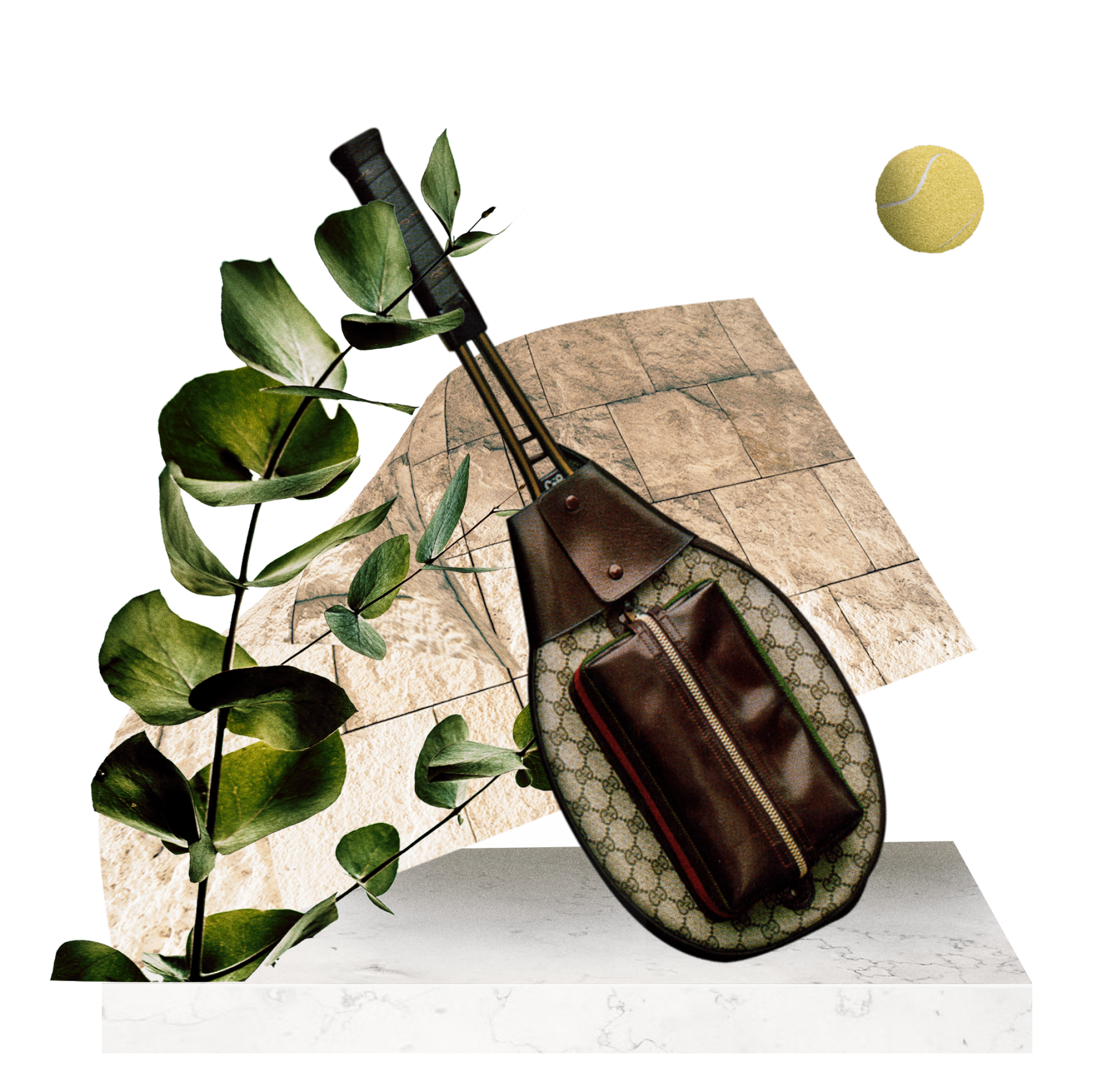 abstract collage of a vintage Gucci tennis racket case leaning on leaves atop a marble pedestal and in front of stone texture