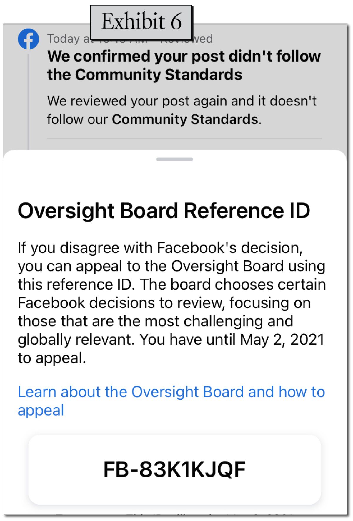 A notification witha "Oversight Board" reference ID.