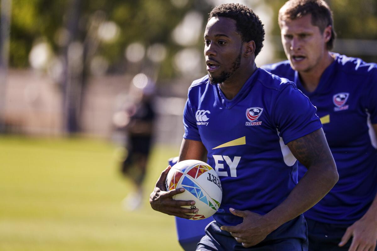 Carlin Isles breaks into the clear on a run during a U.S. rugby sevens practice Feb. 26, 2020, at Dignity Health Sports Park in Carson.