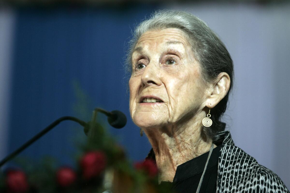 South African writer and Nobel Literature laureate Nadine Gordimer, in 2008. Gordimer died July 13 in Johannesburg, at age 90.