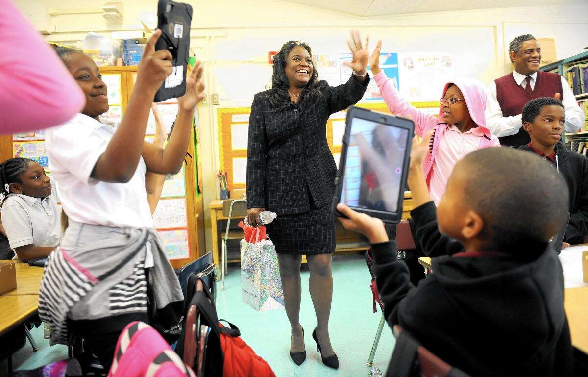 New Los Angeles Unified School District Supt. Michelle King tours Windsor Hills Elementary School in Los Angeles, which she attended as a child.