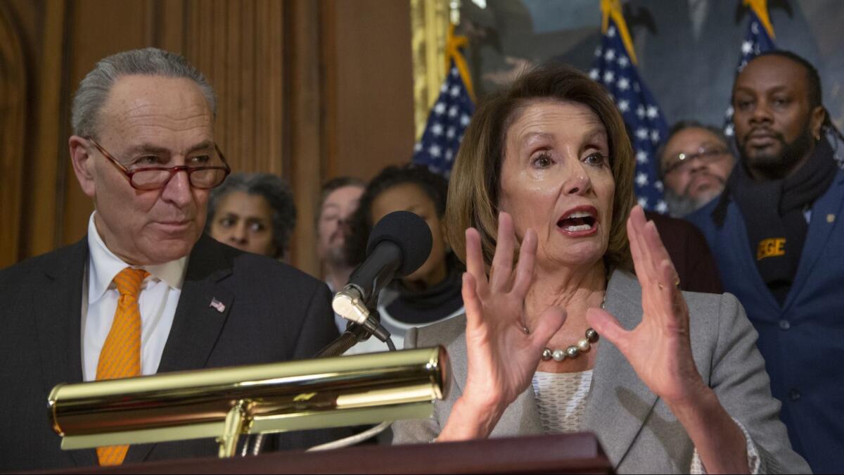 House Speaker Nancy Pelosi and Senate Minority Leader Charles E. Schumer are joined by furloughed federal workers at an event to discuss the shutdown's impact on families.