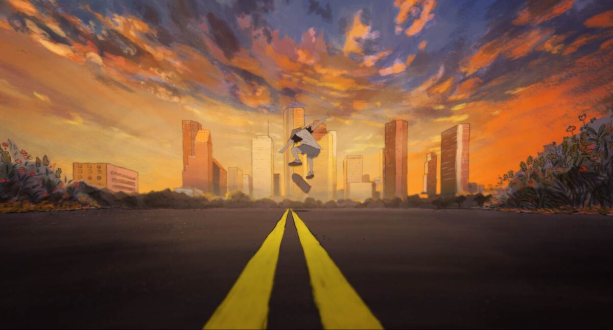 A teen girl doing a skateboard trick on a highway leading to a city in the animated short film "My Year of Dicks."