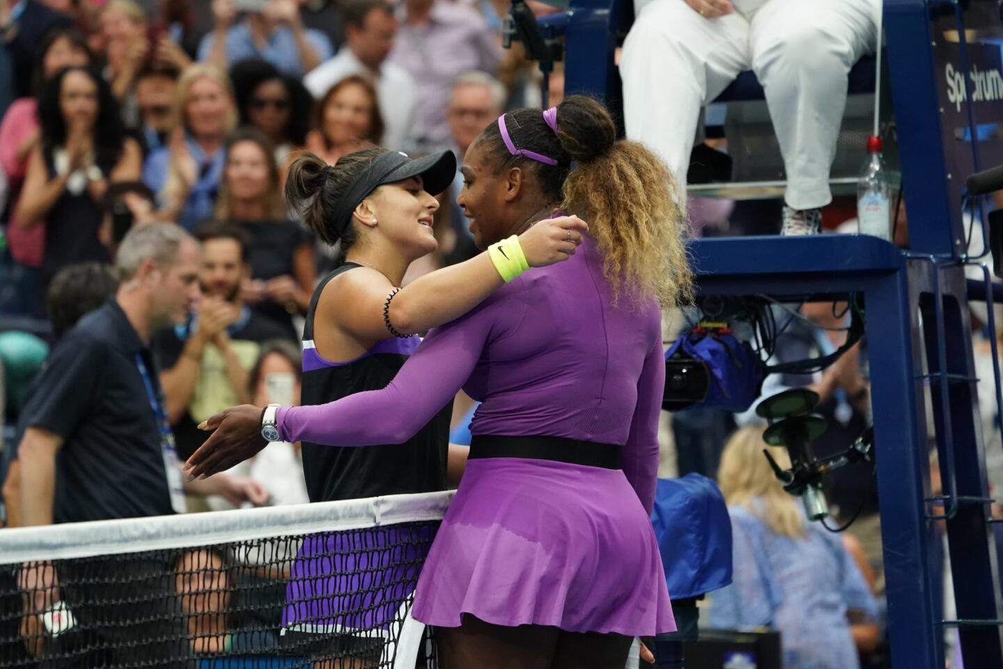 Bianca Andreescu, left, hugs Serena Williams after defeating her during the Women's Singles final match inside the Billie Jean King National Tennis Center on Sept. 7, 2019, in Queens.