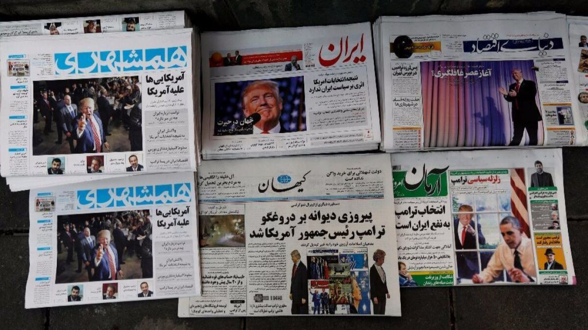 Newspapers in Tehran announce the election of Donald Trump as U.S. president. He has harshly criticized the U.S.-brokered international deal to limit Iran's nuclear weapons program.