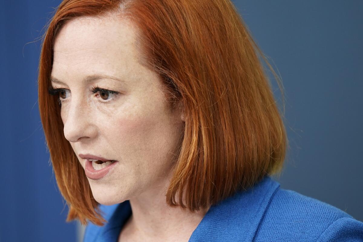 White House press secretary Jen Psaki speaks during a press briefing at the White House, March 18, 2022, in Washington. 