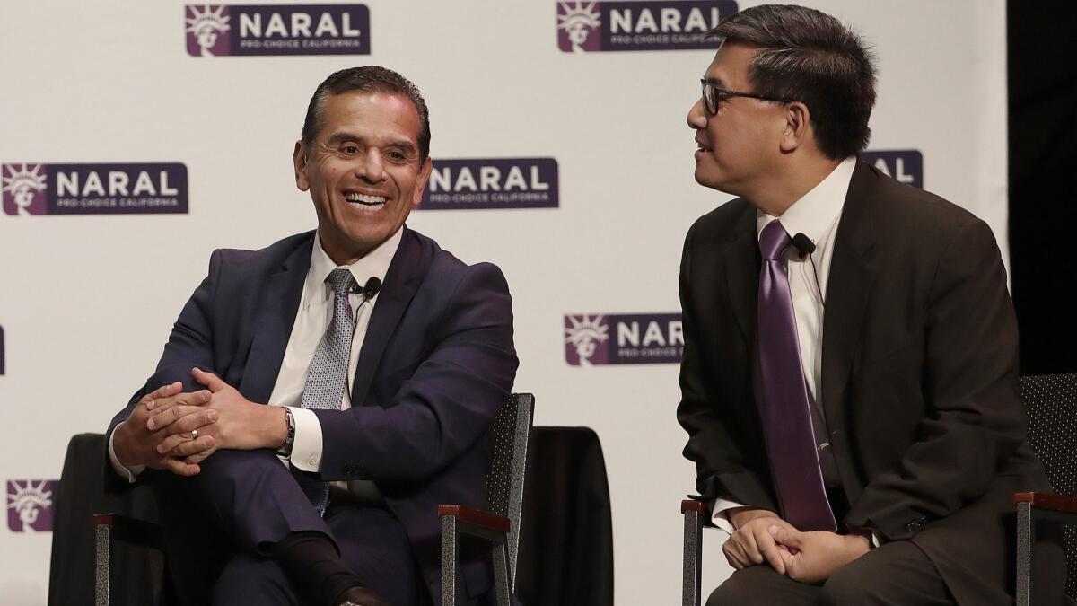 Democratic gubernatorial candidates Antonio Villaraigosa and John Chiang at an election forum in San Francisco on Jan. 30.