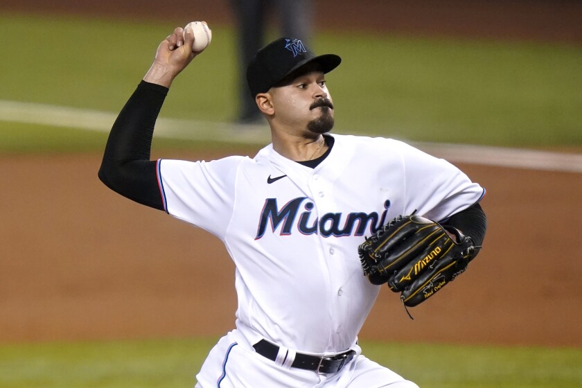 Miami Marlins starting pitcher Pablo Lopez throws during the first inning of a baseball game against the Arizona Diamondbacks, Thursday, May 6, 2021, in Miami. (AP Photo/Lynne Sladky)