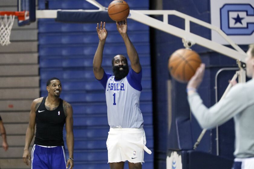 Philadelphia 76ers James Harden (1) puts up a shot after practice on the first day of Philadelphia 76ers NBA basketball training camp at the McAlister Field House on the campus of The Citadel in Charleston, S.C. on Tuesday, Sept. 27, 2022. (Heather Khalifa/The Philadelphia Inquirer via AP)