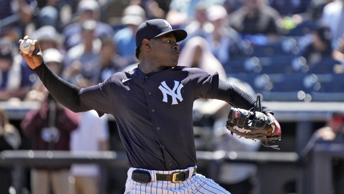 New York Yankees pitcher Luis Severino delivers to the Detroit Tigers during the first inning of a spring training baseball game Tuesday, March 21, 2023, in Tampa, Fla. (AP Photo/Chris O'Meara)