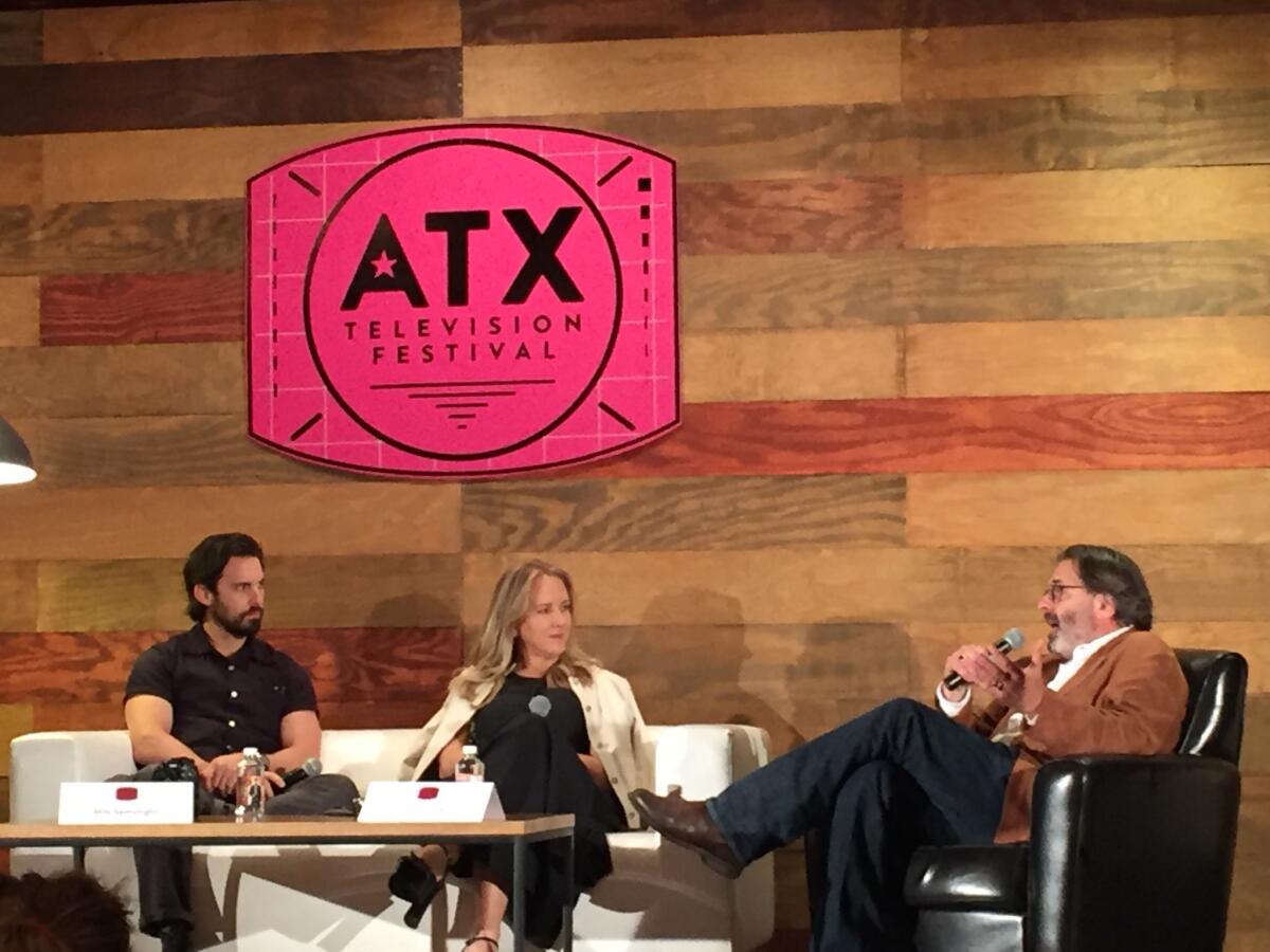 Appearing at the "This Is Us" panel at the ATX TV Festival: Milo Ventimiglia, who stars as patriarch Jack, NBC Entertainment president Jennifer Salke, and executive producer and director Ken Olin.