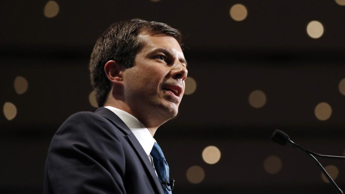 Mayor Pete Buttigieg of South Bend, Ind., speaks to Iowans on Sunday.