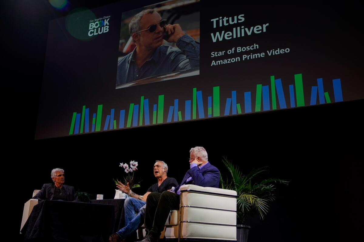 Writer Jeffrey Fleishman (from left), actor Titus Welliver and author Michael Connelly in conversation at an L.A. Times Book Club event at the Montalbán Theater.