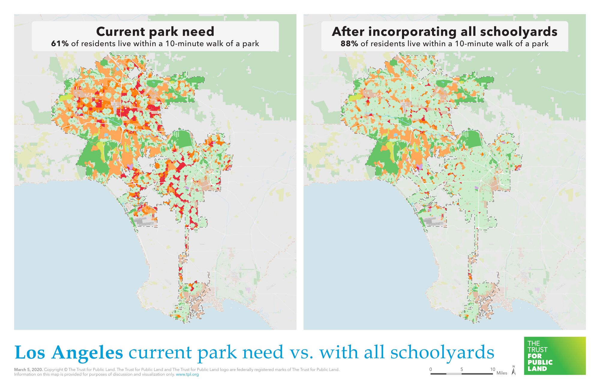 Two maps with green, red, orange and yellow highlights showing greenery/parks and areas lacking greenery.