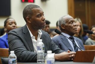 Author Ta-Nehisi Coates, left, and Actor Danny Glover, right, testify about reparation for the descendants of slaves during a hearing before the House Judiciary Subcommittee on the Constitution, Civil Rights and Civil Liberties, at the Capitol in Washington, Wednesday, June 19, 2019. (AP Photo/Pablo Martinez Monsivais)