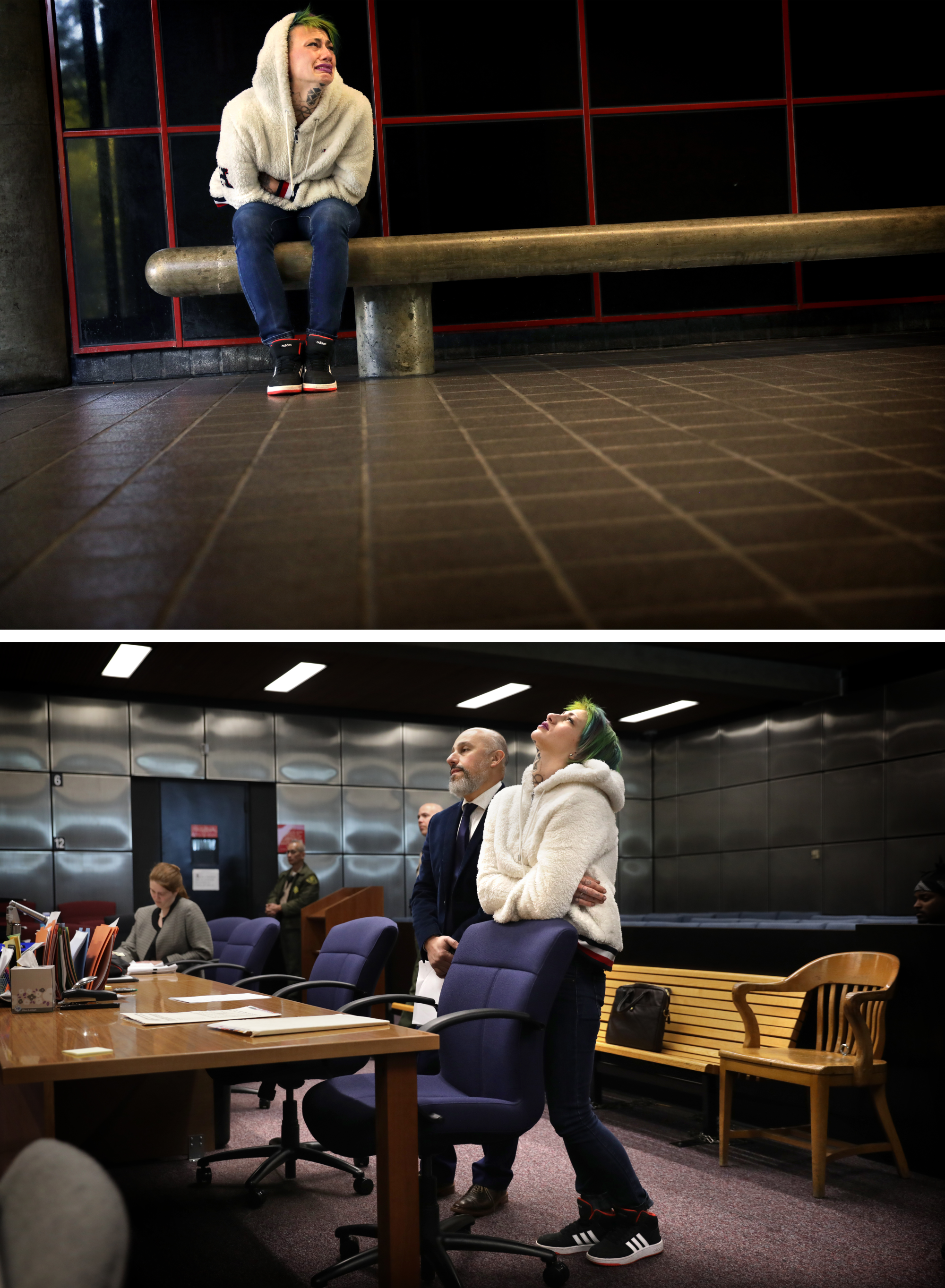 Two photos. A woman crying on a bench. A woman looks upward standing inside a courtroom next to a man in a suit.