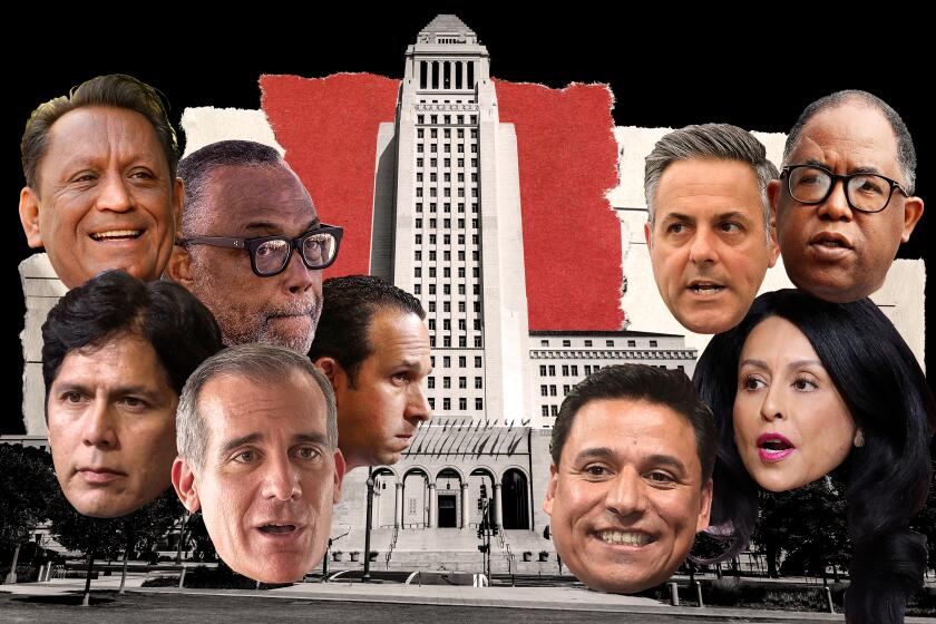 Photo collage illustration of current and former L.A. elected officials with City Hall in the center.
