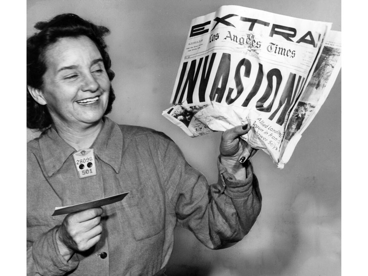 June 6, 1944: Douglas employee Blanche Choate has a double reason to celebrate. In addition to the D-day invasion, she received word that her son, Tech. Sgt. Ronald Choate, who had been reported missing and possibly dead, is alive in a German prison camp.