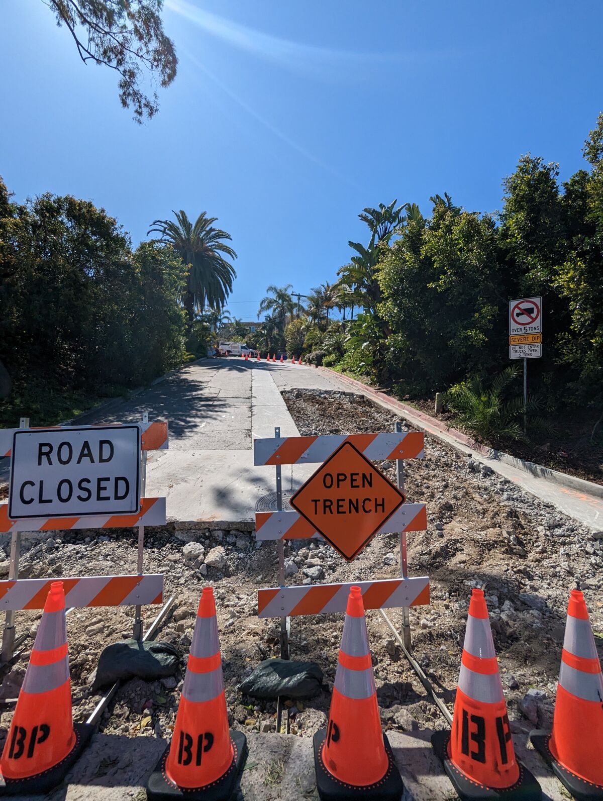 Hillside Drive north of Torrey Pines Road in La Jolla is closed for a regrading project.
