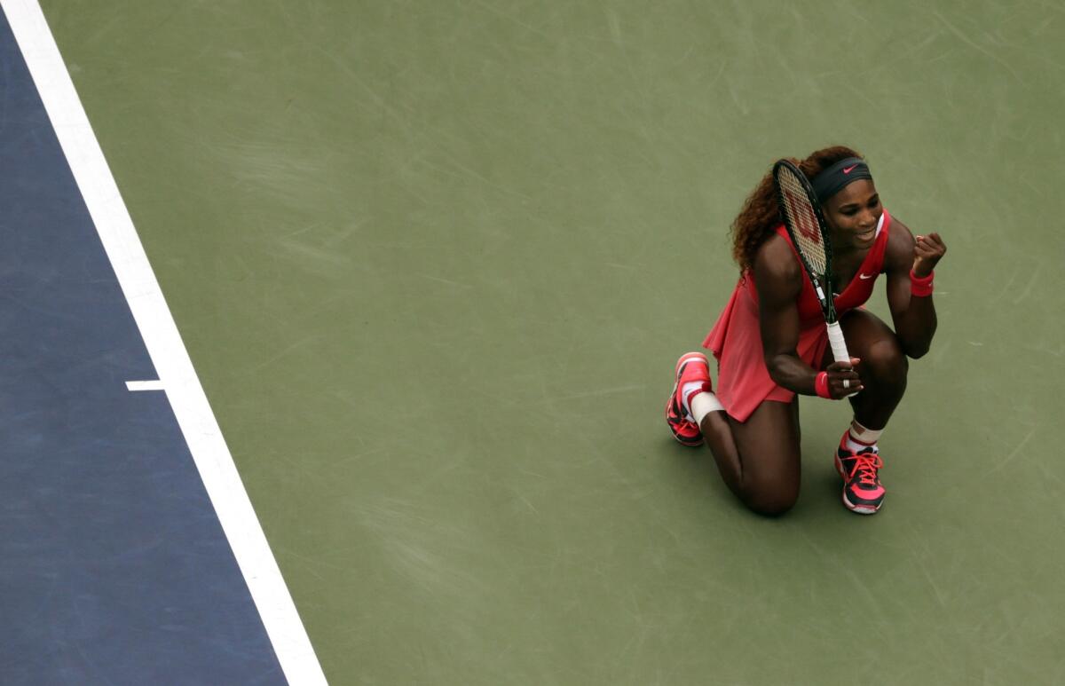 Serena Williams celebrates after defeating Sloane Stephens during the fourth round of the U.S. Open on Sunday.