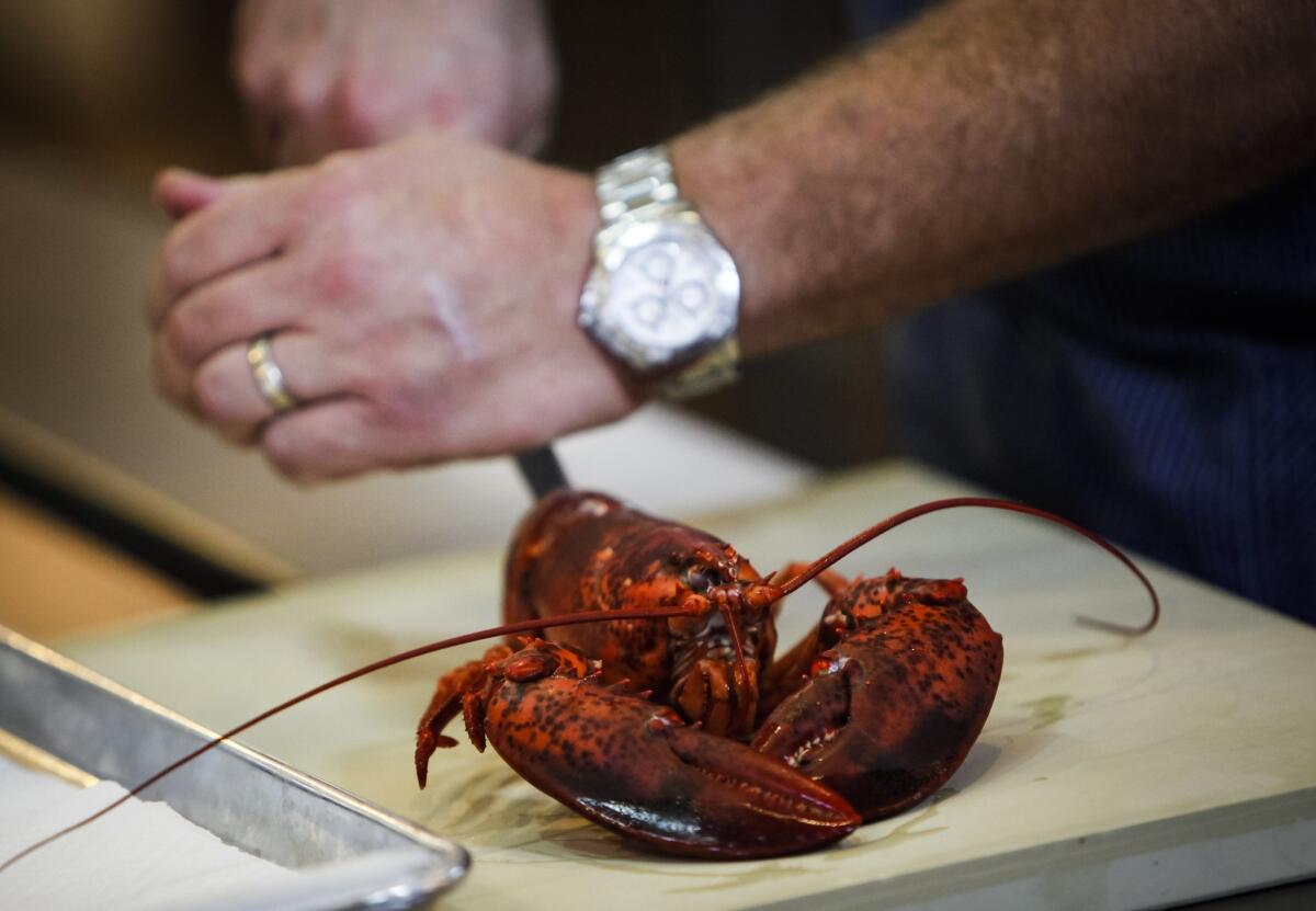 Chef Michael Cimarusti, chef at Providence, cuts a lobster in half.