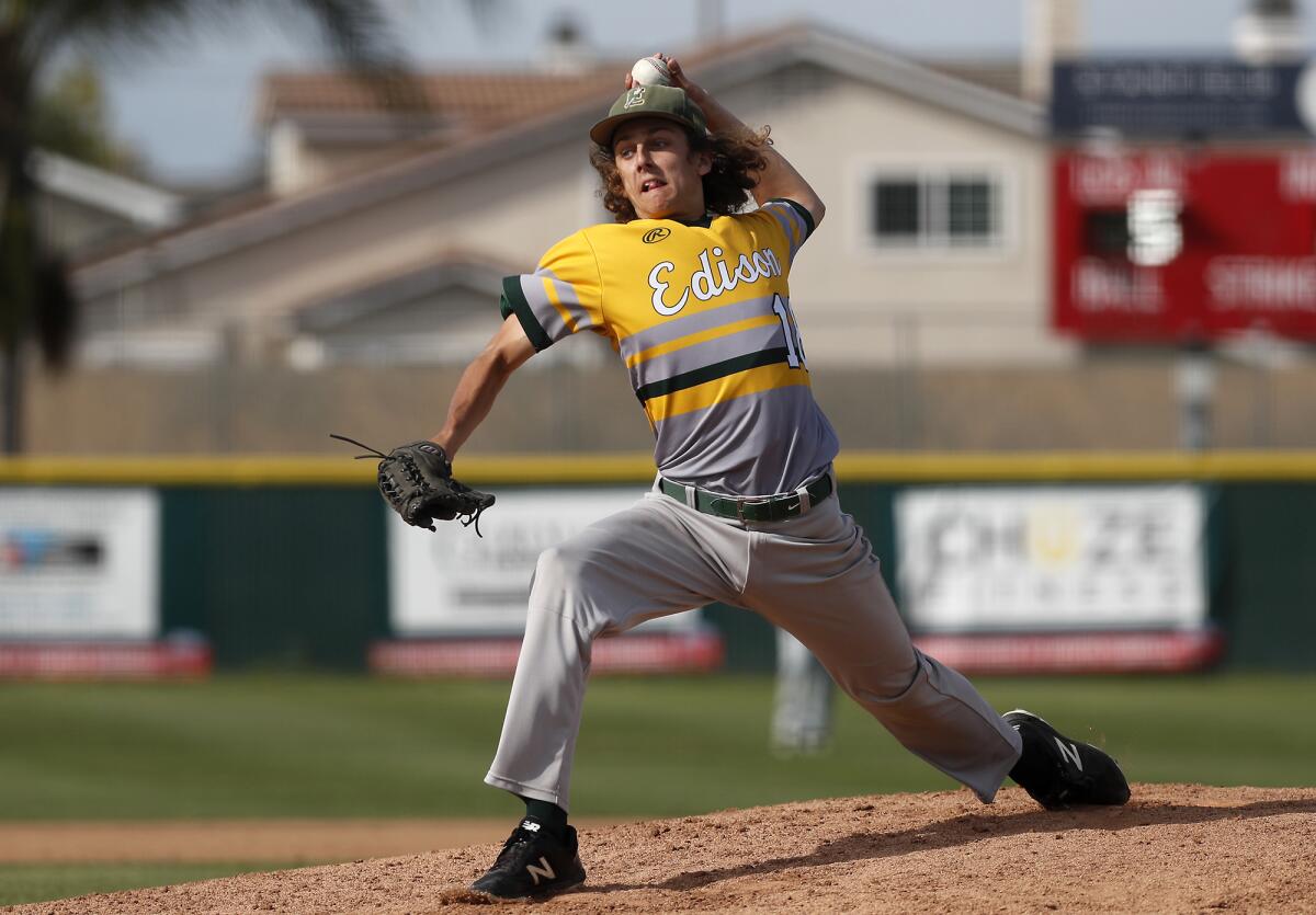 Edison’s Zach Garber, seen pitching in a March 29, 2019 game at Los Alamitos, helped the Chargers blank Narbonne 11-0 on Tuesday.