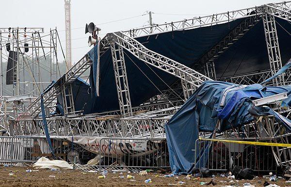 The collapsed rigging and stage on the infield Sunday at the Indiana State Fair in Indianapolis.