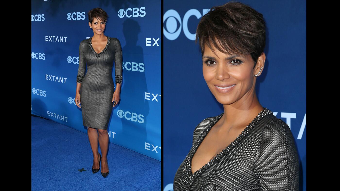 Halle Berry donned a form-fitting, metallic Jenny Packham dress for the premiere of her latest project, the CBS series "Extant," on June 17, 2014.