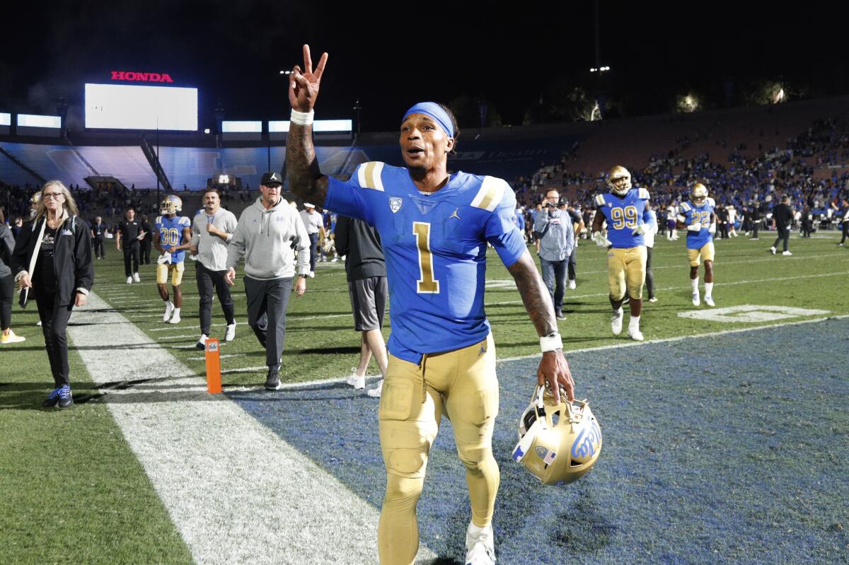 UCLA quarterback Dorian Thompson-Robinson leaves the field after the Bruins' win over Washington on Sept. 30.
