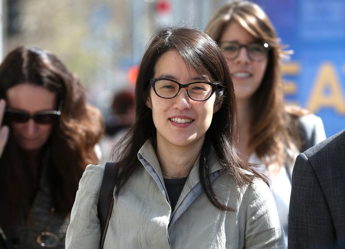 Ellen Pao leaves the San Francisco Superior Court Civic Center Courthouse with her legal team during a lunch break from her trial on Wednesay in San Francisco.