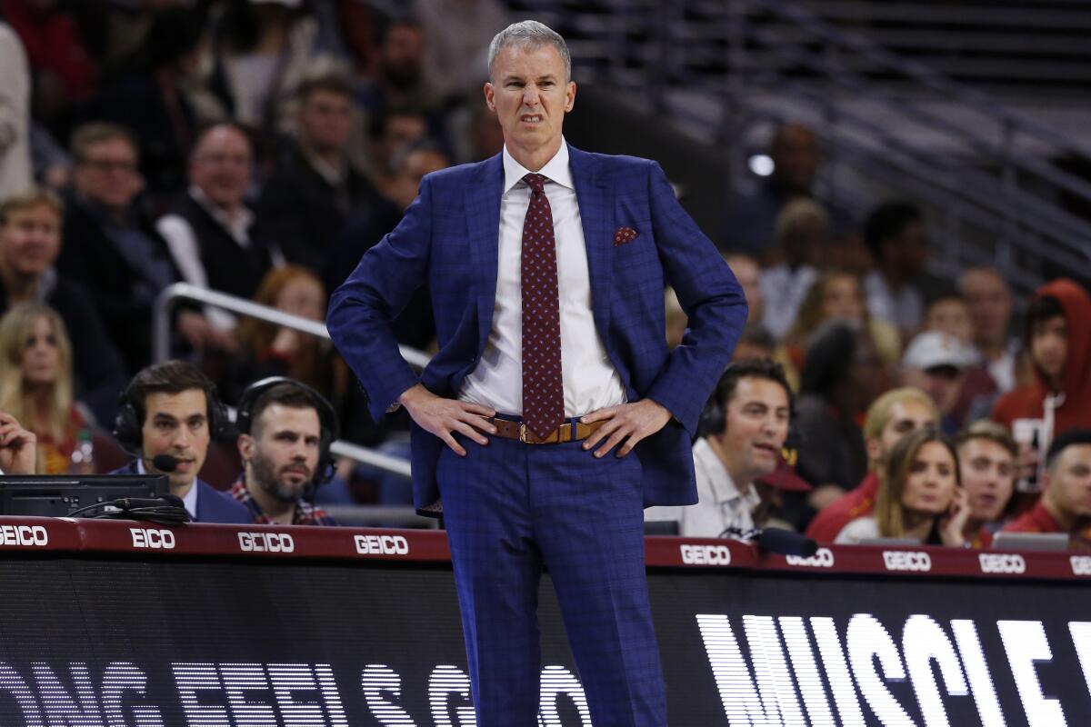 USC coach Andy Enfield looks on during his team's 56-52 win over Utah at Galen Center on Jan. 30, 2020.