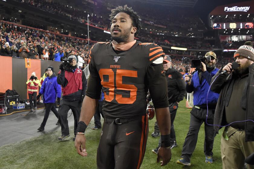 CLEVELAND, OHIO - NOVEMBER 14: Defensive end Myles Garrett #95 of the Cleveland Browns walks off the field after being ejected from the game during the second half at FirstEnergy Stadium on November 14, 2019 in Cleveland, Ohio. The Browns defeated the Steelers 21-7. (Photo by Jason Miller/Getty Images)