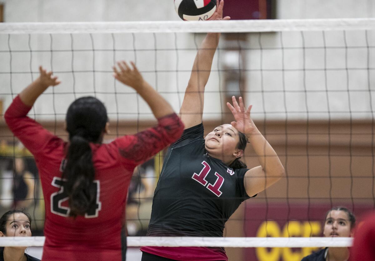 Ocean View's Lizbeth Espinoza hits against Katella's Brianna Luna during a Golden West League volleyball game on Thursday.