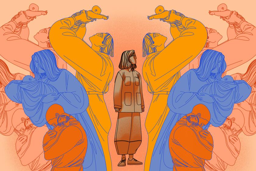 Illustration of a woman standing in the middle of groups of women lifting, holding and cradling babies around her.