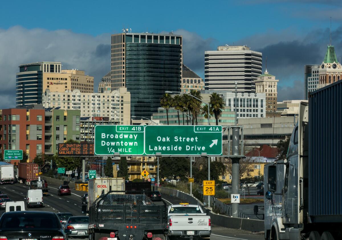 Downtown Oakland as seen from Interstate 880  in January 2017.