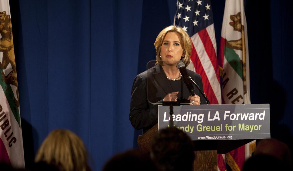 City Controller and mayoral candidate Wendy Greuel framed herself as the "business-labor" candidate during a speech at UCLA.