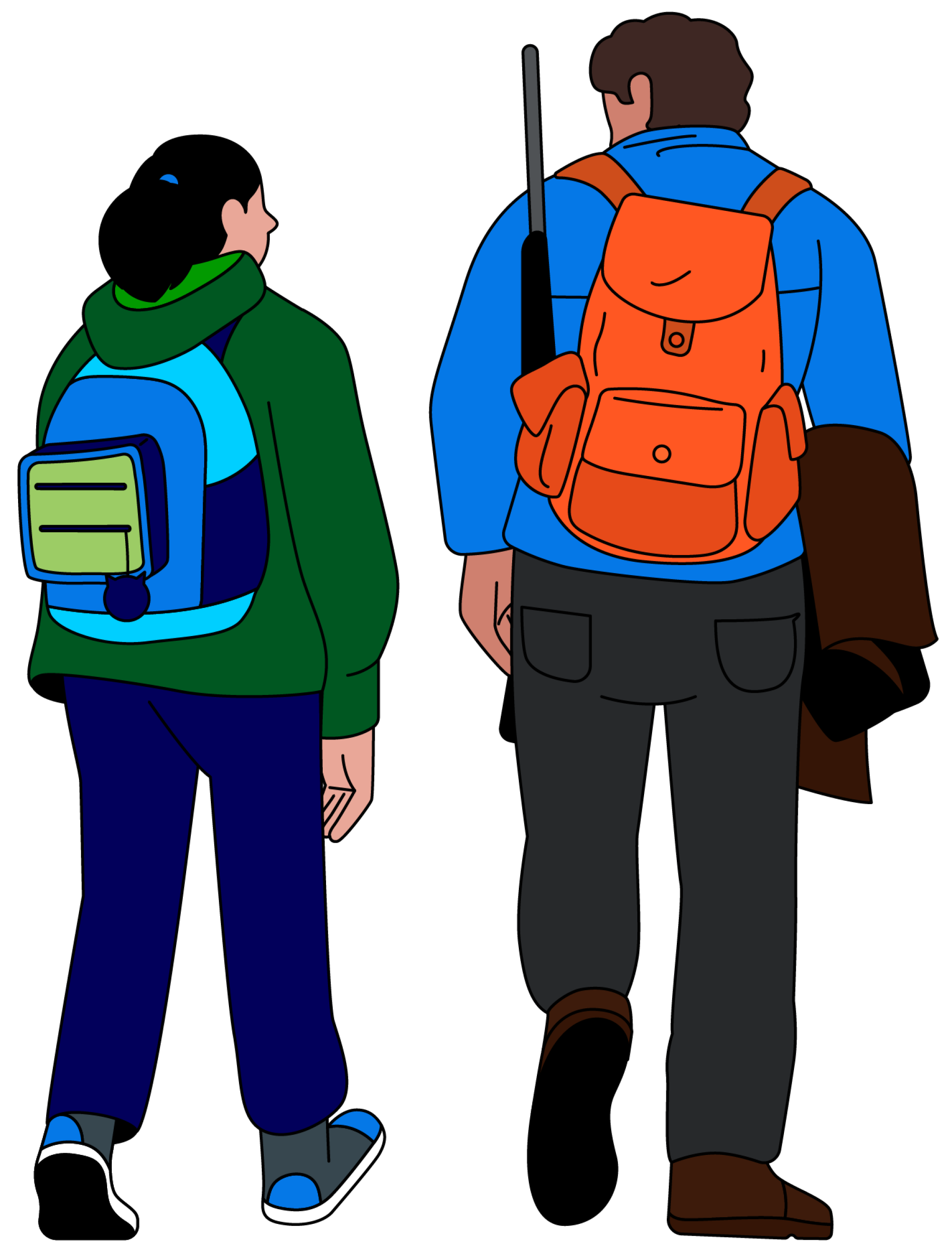Illustration of Pedro and Bella from "The Last of Us" with backpacks on