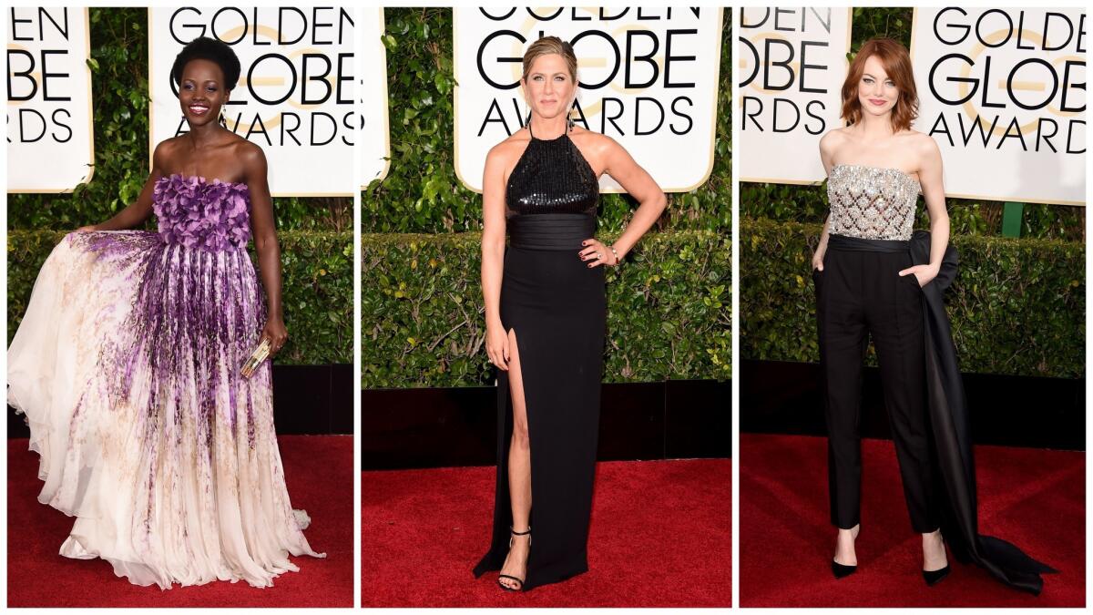 Lupita Nyong'o, left, Jennifer Aniston and Emma Stone were among the best dressed at the 2015 Golden Globes. (Photographs by, from left, Jordan Strauss / Invision / AP; Jason Merritt / Getty Images; Jason Merritt / Getty Images)
