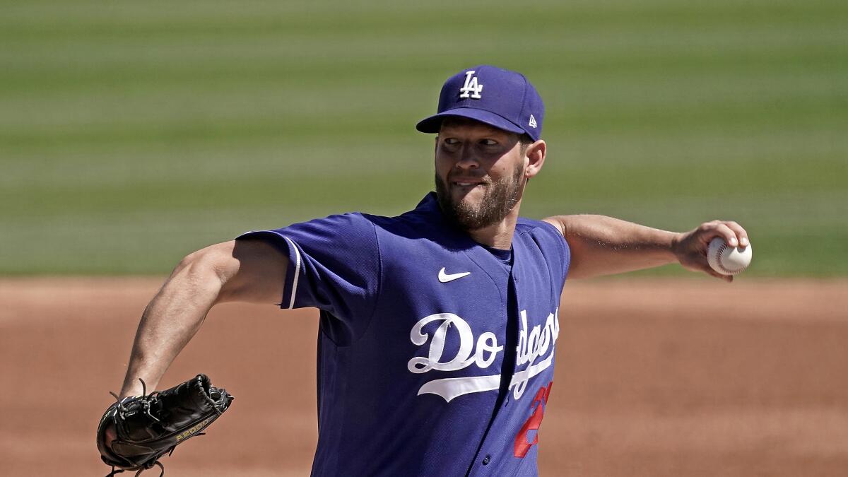 Dodgers left-hander Clayton Kershaw pitches during a spring training game against the Cleveland Guardians on Wednesday. 