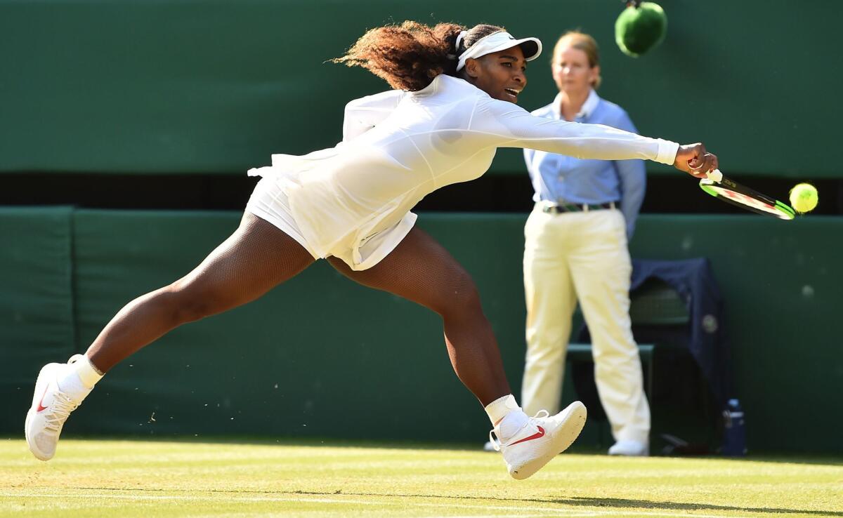 US player Serena Williams returns to France's Kristina Mladenovic in their women's singles third round match on the fifth day of the 2018 Wimbledon Championships at The All England Lawn Tennis Club in Wimbledon, southwest London, on July 6, 2018. / AFP PHOTO / Glyn KIRK / RESTRICTED TO EDITORIAL USEGLYN KIRK/AFP/Getty Images ** OUTS - ELSENT, FPG, CM - OUTS * NM, PH, VA if sourced by CT, LA or MoD **