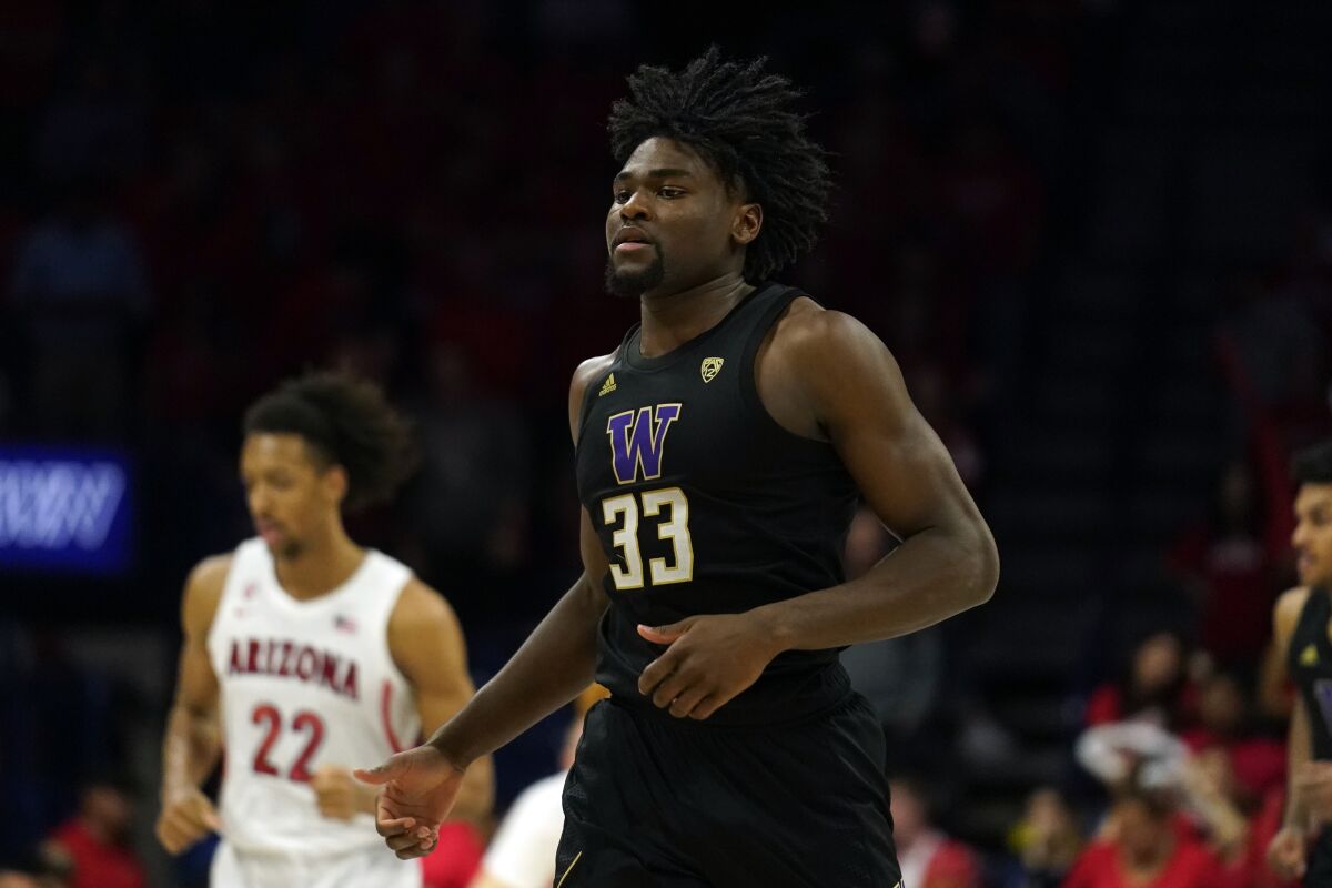 Washington forward Isaiah Stewart runs on the court during a game against Arizona in March.