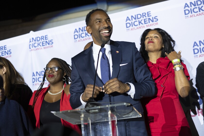 Atlanta mayoral runoff candidate Andre Dickens gives his victory speech Tuesday, Nov. 30, 2021, in Atlanta. Dickens, a city council member, won the runoff, riding a surge of support that powered him past the council’s current president, Felicia Moore, after finishing second to her in November. (AP Photo/Ben Gray)