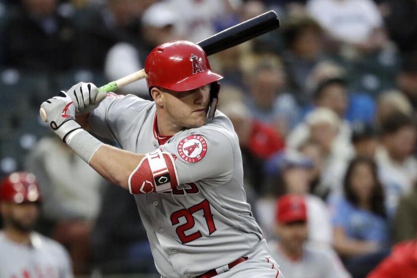 Los Angeles Angels' Mike Trout in action against the Seattle Mariners in a baseball game Tuesday, April 2, 2019, in Seattle. (AP Photo/Elaine Thompson)