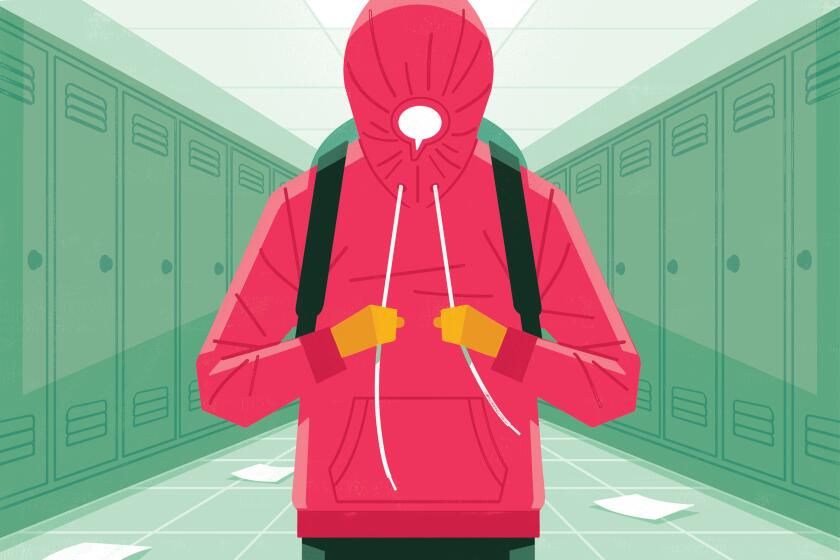 Illustration of a figure in a sweatshirt pulling the hood closed to the shape of a talk balloon.