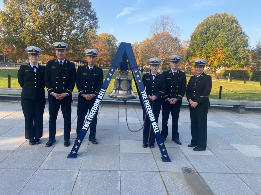 Midshipmen from the Naval Academy in Annapolis with America’s Freedom Bell.