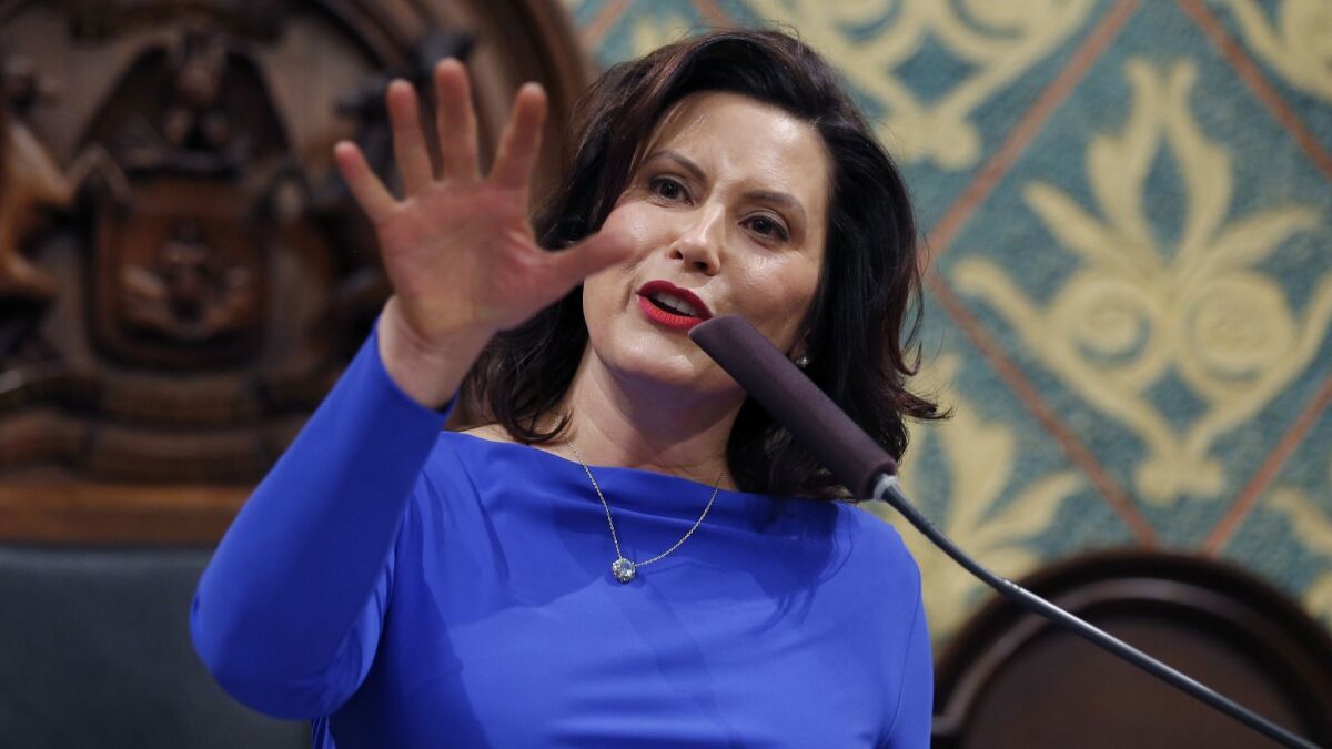 Michigan Gov. Gretchen Whitmer delivers her State of the State address Feb. 19 in Lansing.
