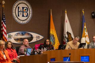 Huntington Beach, CA - January 16: Huntington Beach city council members from left: council member Natalie Moser, council member Rhonda Bolton, council member Pat Burns, Mayor Grace Van Der Mark, council member Tony Strickland, council member Casey McKeon, listen to speakers from Protect Huntington Beach, a group of concerned residents of Huntington Beach who want to increase residents' awareness of proposed charter changes during a Huntington Beach City Council meeting in Huntington Beach City Hall Tuesday, Jan. 16, 2024. (Allen J. Schaben / Los Angeles Times)