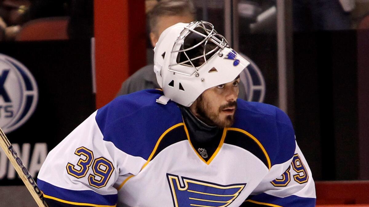 Ryan Miller plays with St. Louis in 2014.