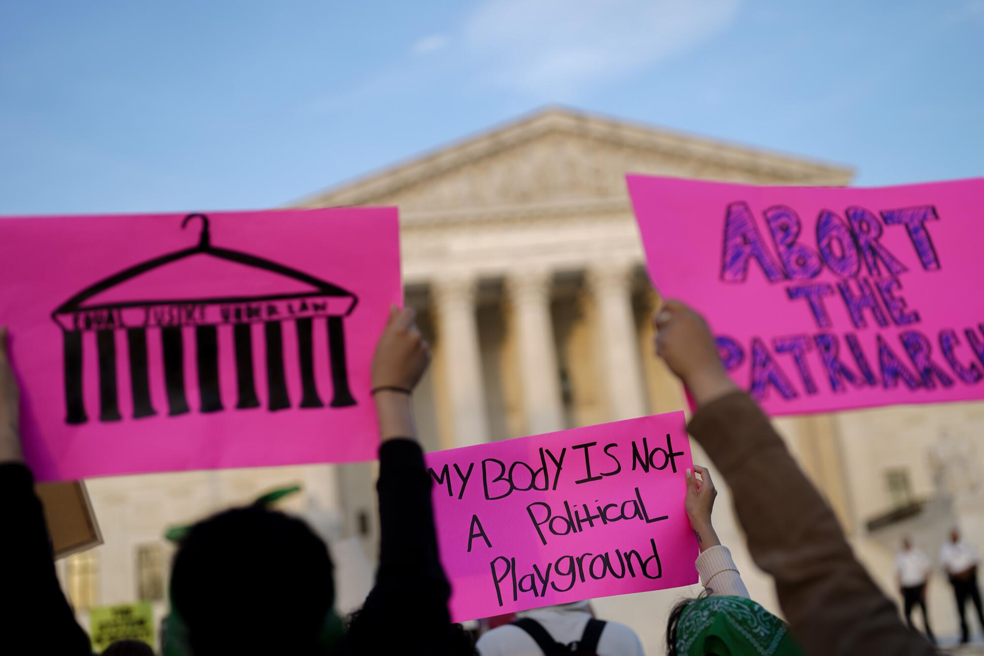 Protesters hold up pink signs that say "My body is not a political playground" and "abort the patriarchy"